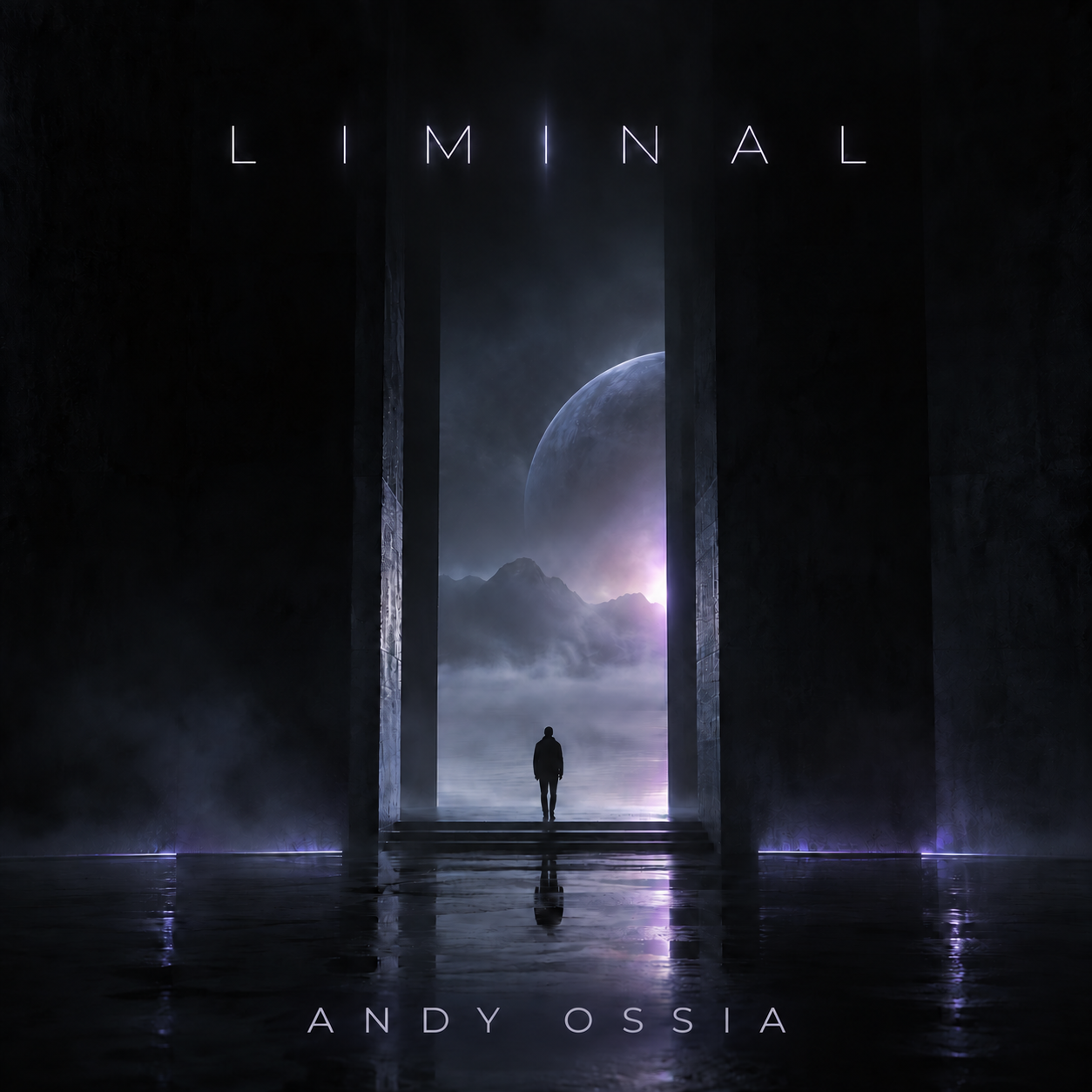 Liminal single cover artwork by Andy Ossia: a figure facing a luminous violet world through a monumental doorway